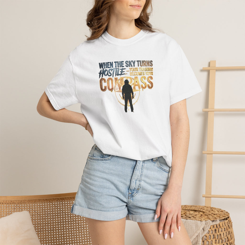 Inspirational Pilot tee - "When the Weather turns Hostile, Your Training is Your Compass"