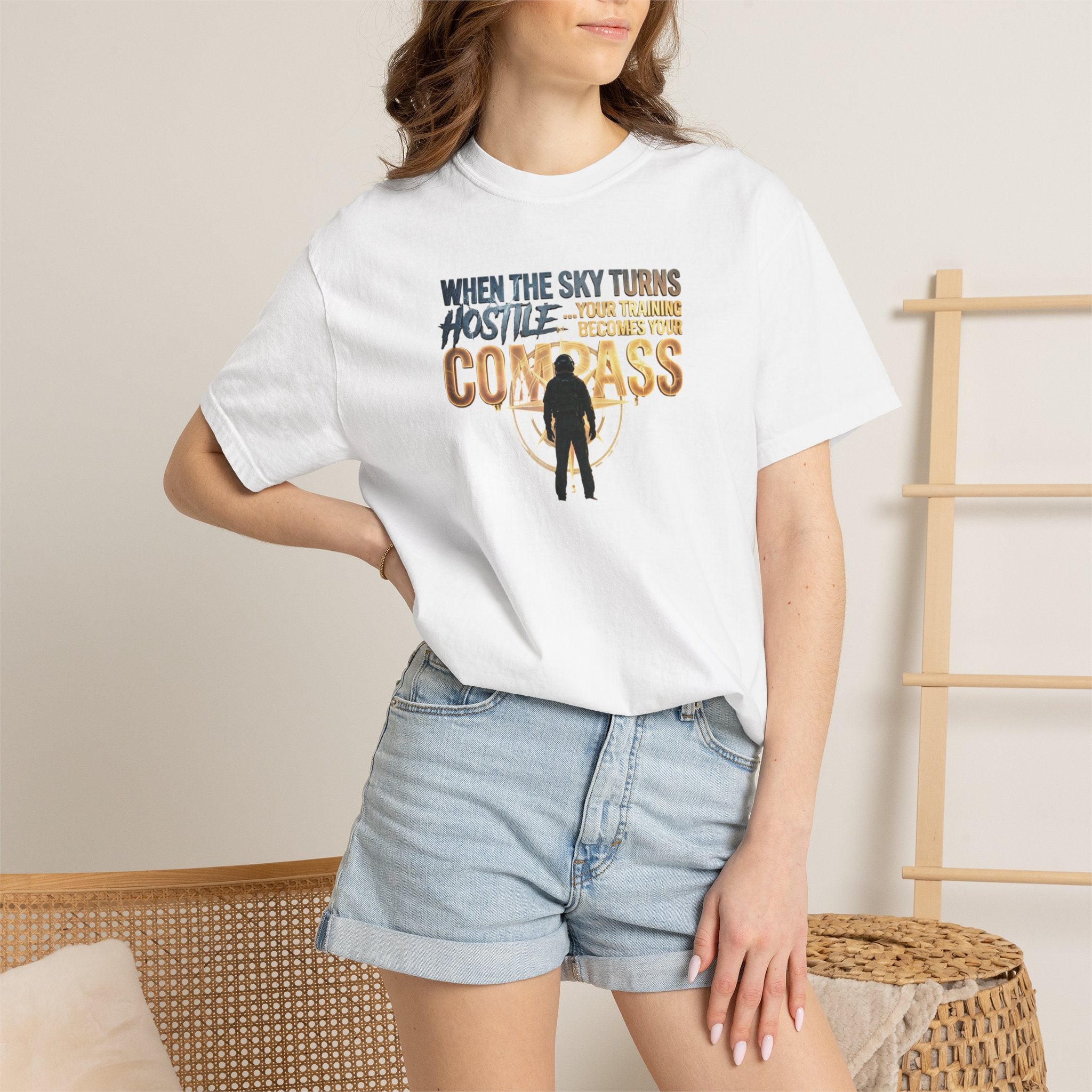 Inspirational Pilot tee - "When the Weather turns Hostile, Your Training is Your Compass"