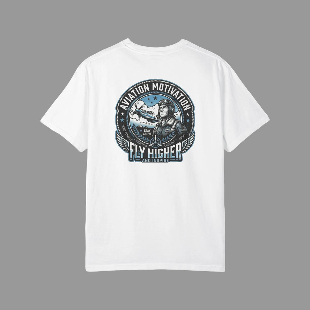 back of white t-shirt with aviation-themed graphic on a white background