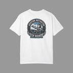 back of white t-shirt with aviation-themed graphic on a white background