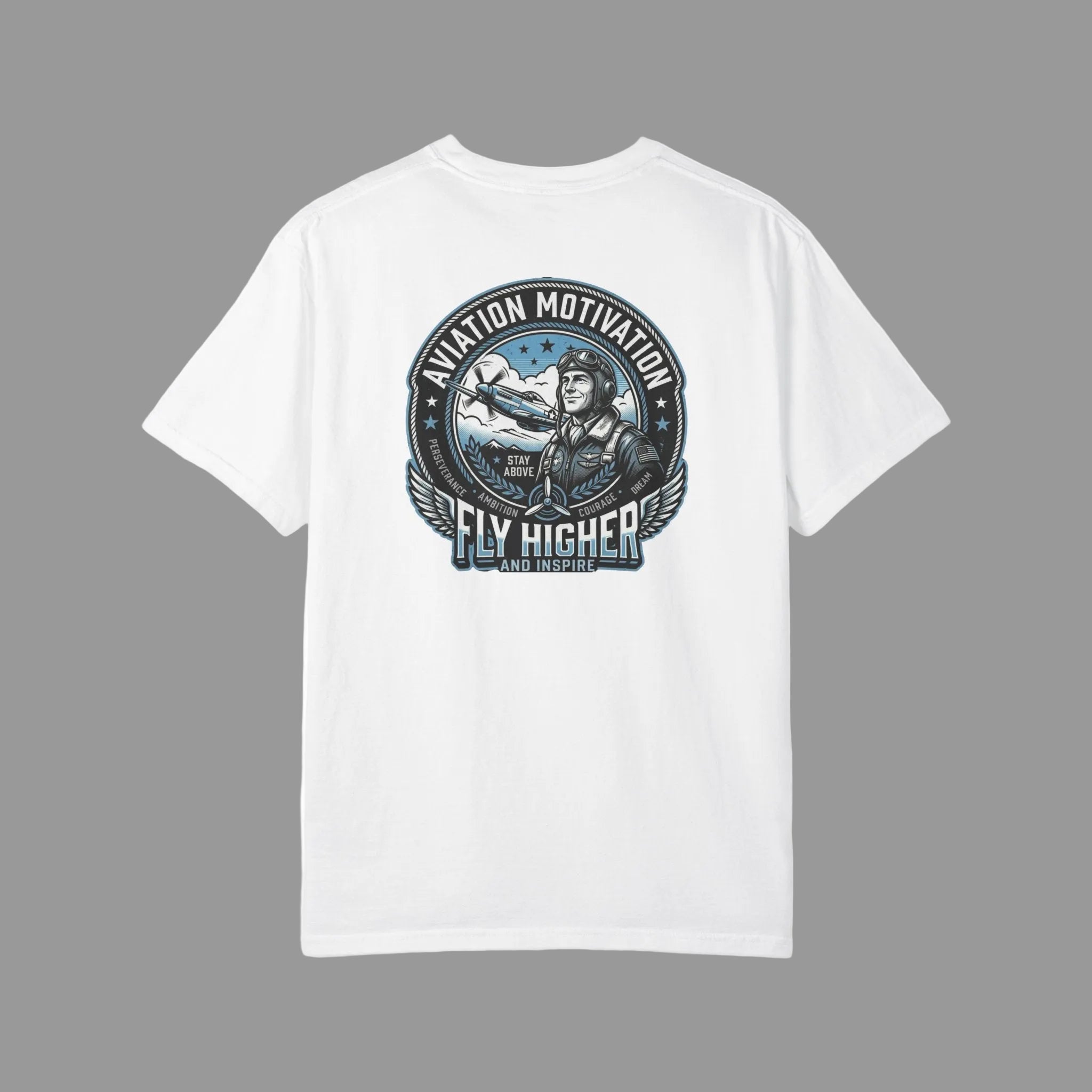 back of white t-shirt with aviation-themed graphic on a white background