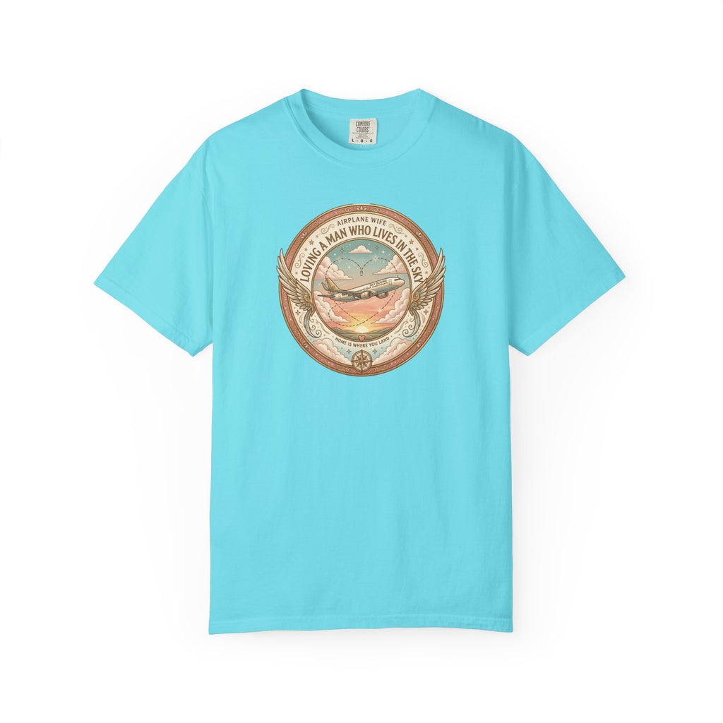 Light blue t-shirt with a graphic design on a white background