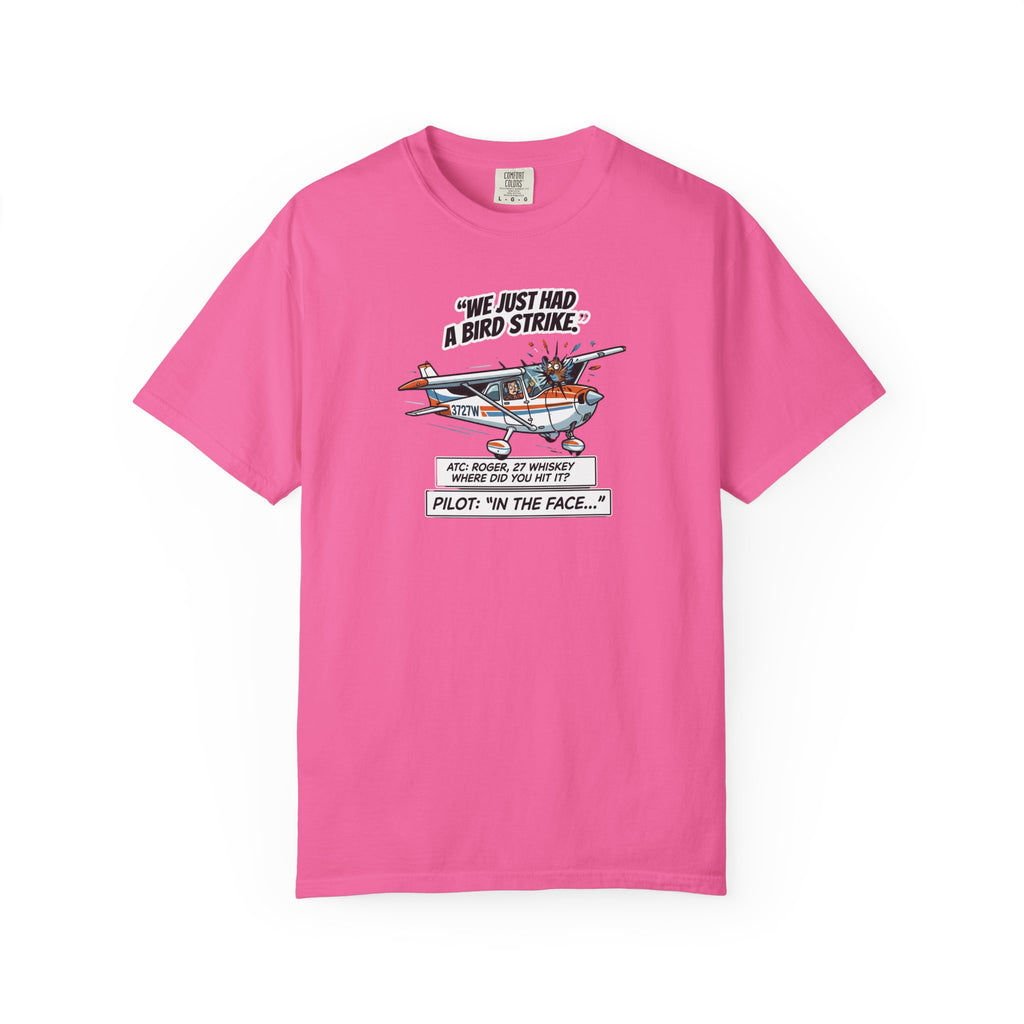 Pilot Bird Strike Comic T-Shirt — Funny Aviation Joke Tee