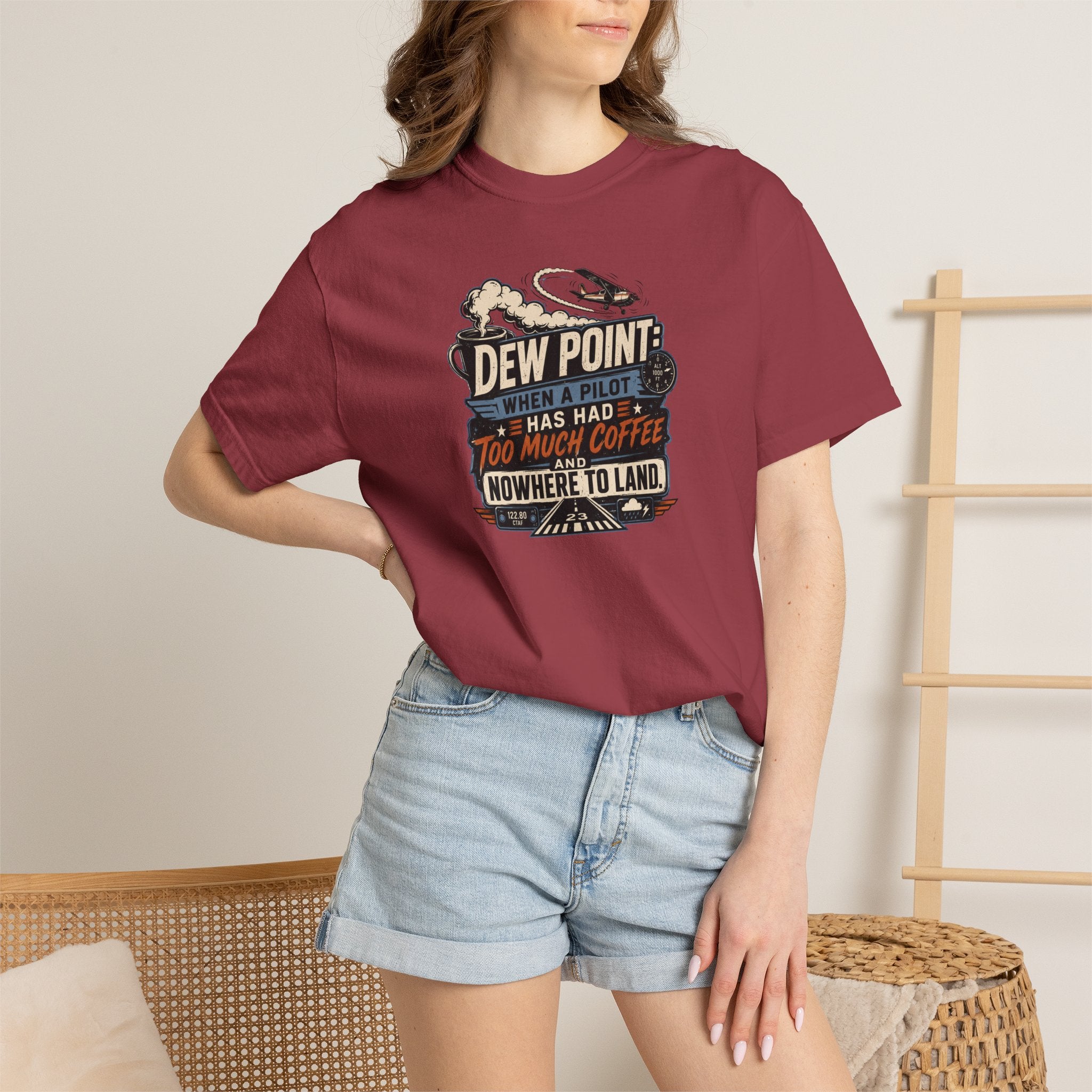 Funny Aviation T‑Shirt — "Dew Point: When a Pilot Has Had Too Much Coffee and Nowhere to Land"