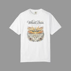 White t-shirt with airplane graphic and 'Wheels Down' text on a gray background