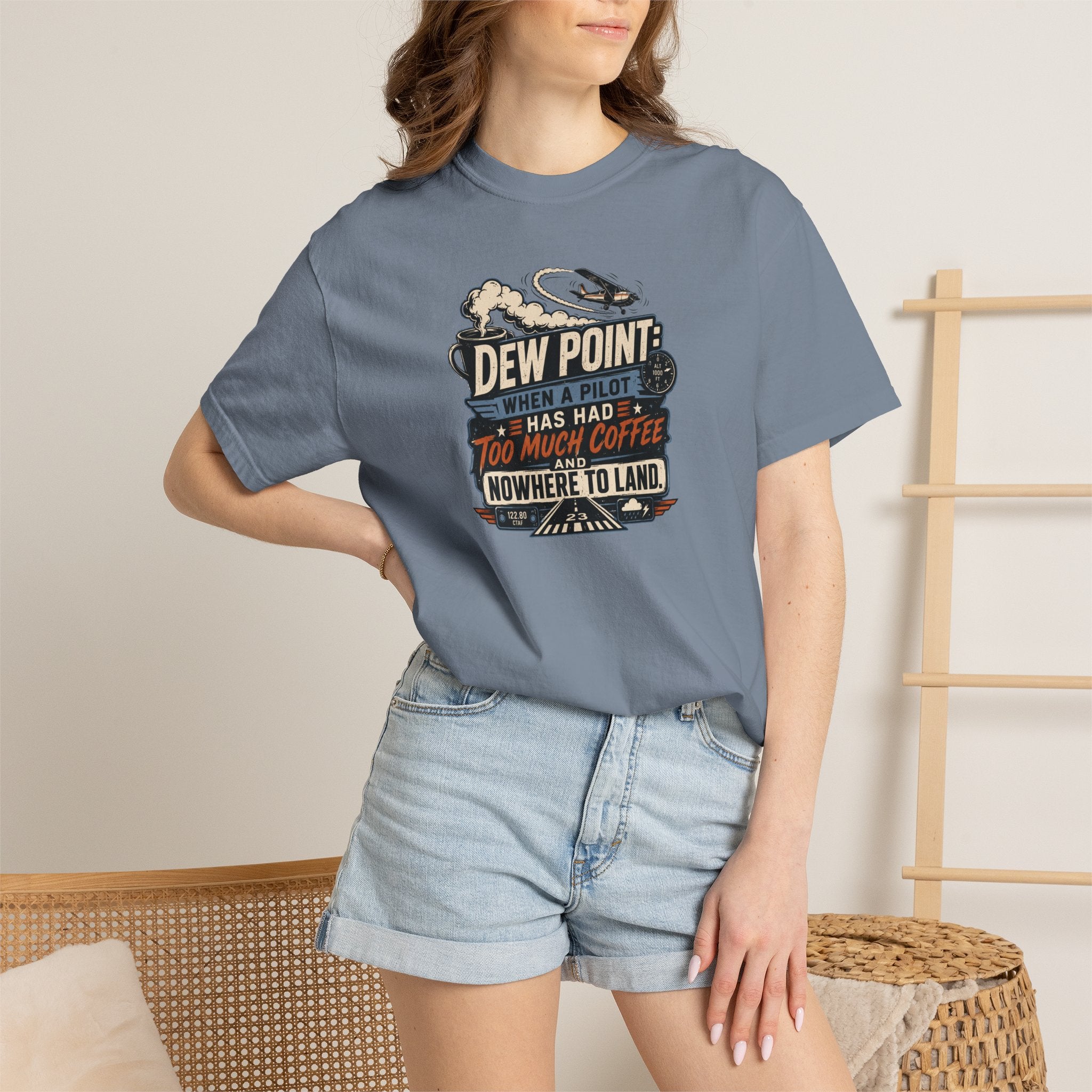 Funny Aviation T‑Shirt — "Dew Point: When a Pilot Has Had Too Much Coffee and Nowhere to Land"