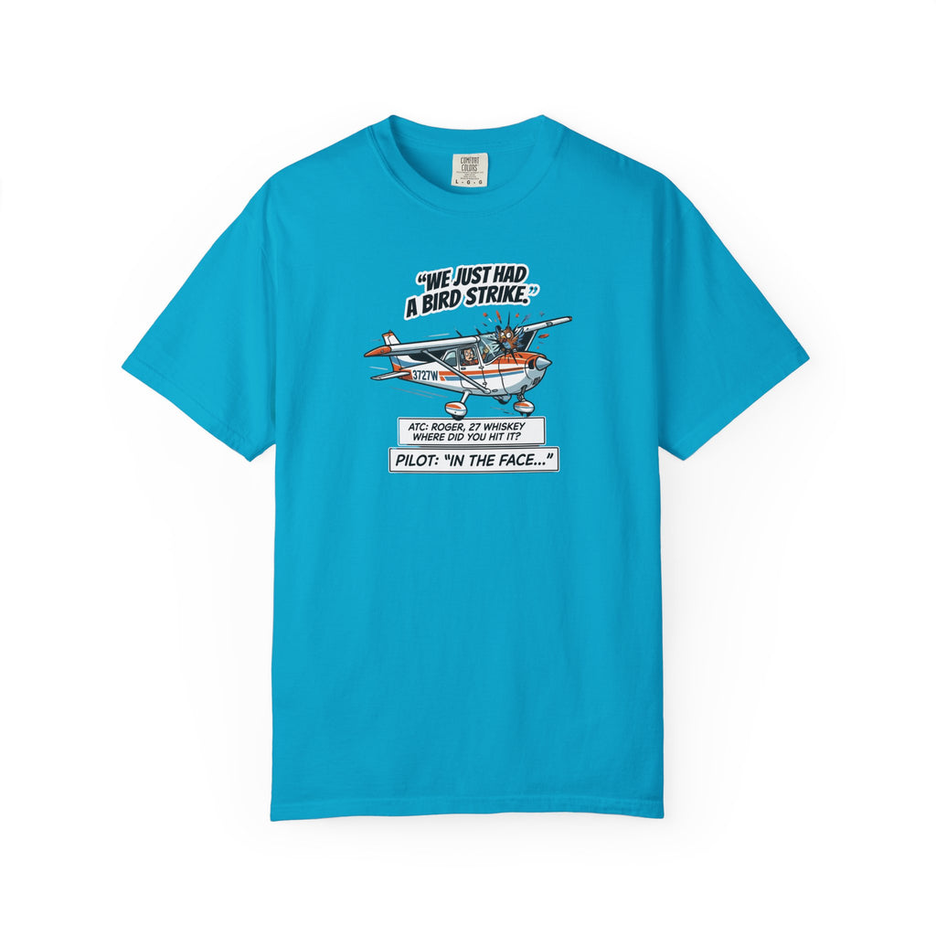 Pilot Bird Strike Comic T-Shirt — Funny Aviation Joke Tee