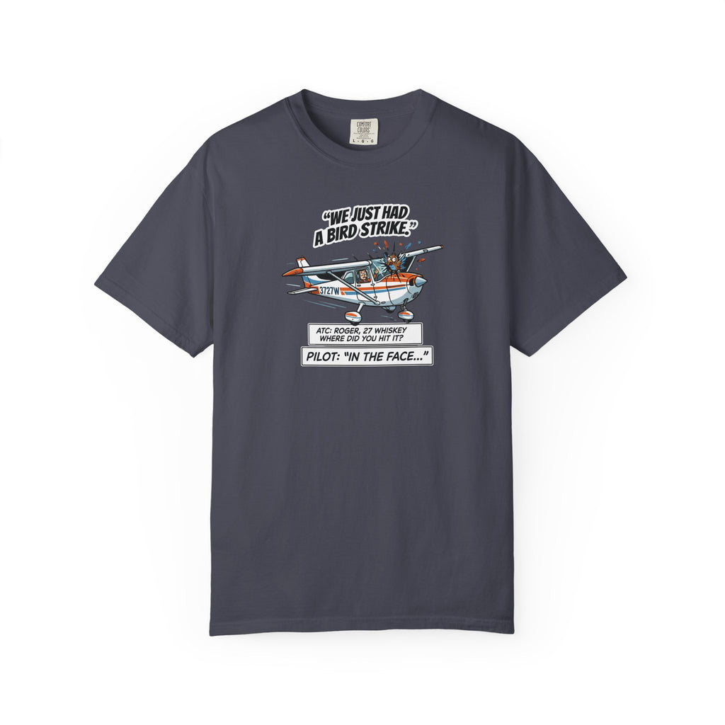 Pilot Bird Strike Comic T-Shirt — Funny Aviation Joke Tee