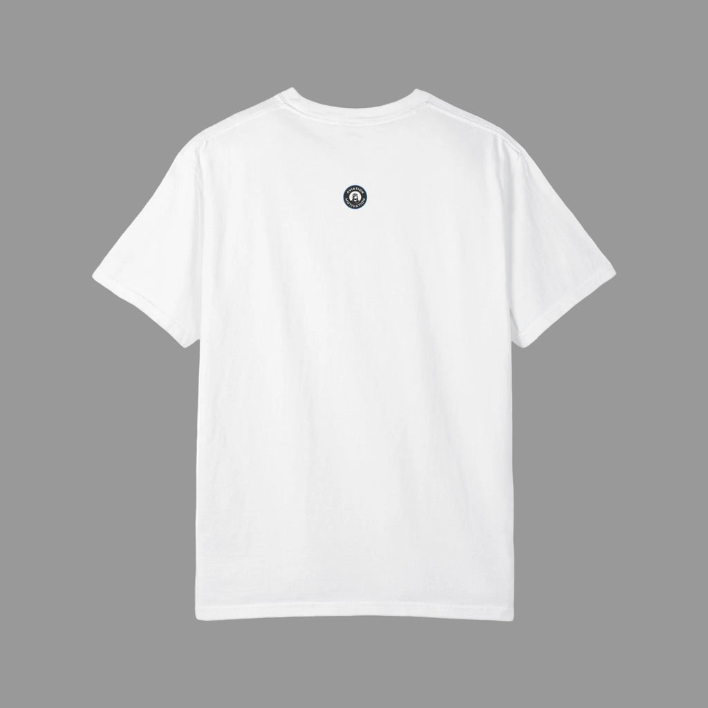 back of White t-shirt with a small black logo on the back against a dark background