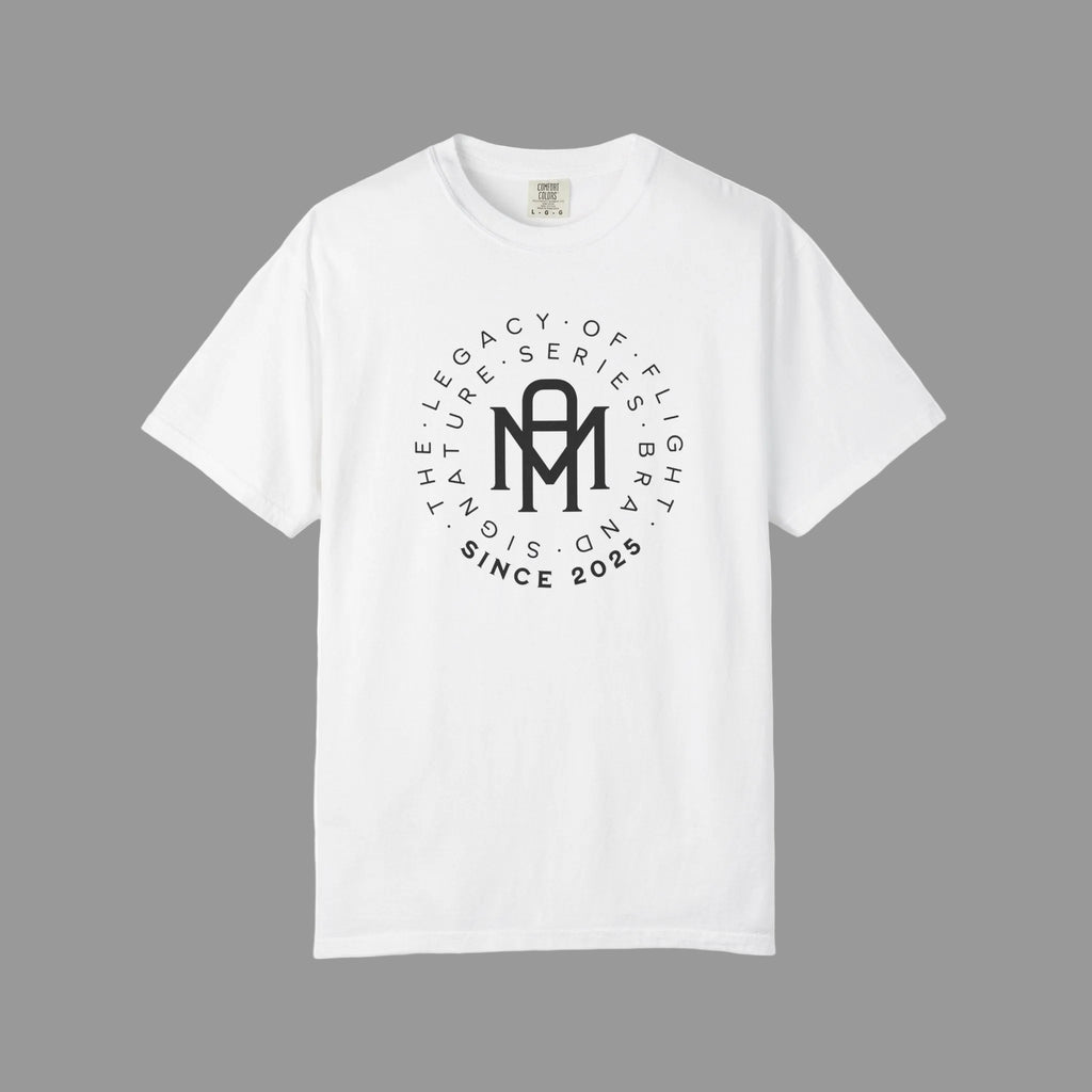 White t-shirt with a graphic of a signature series badge and text on a gray background