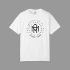 White t-shirt with a graphic of a signature series badge and text on a gray background