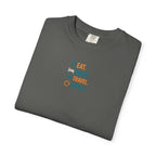Folded gray t-shirt with a small logo on a white background