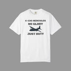 White t-shirt with a graphic of a C-130 airplane and "No Glory, Just Duty" on a white background