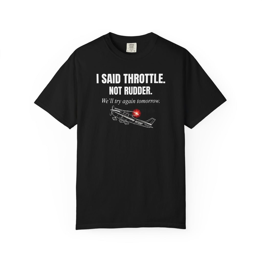 a black t shirt with a flight instructor joke design on a white background