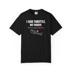a black t shirt with a flight instructor joke design on a white background