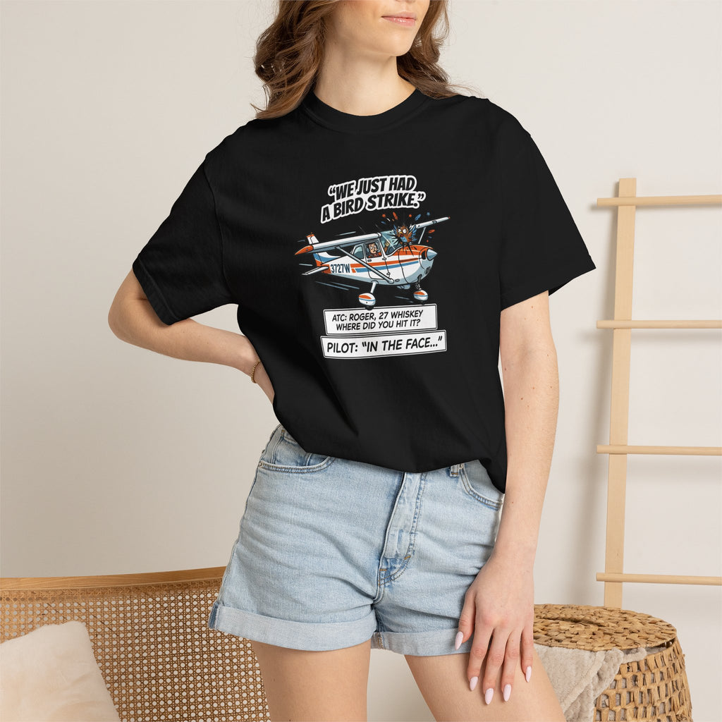 Pilot Bird Strike Comic T-Shirt — Funny Aviation Joke Tee