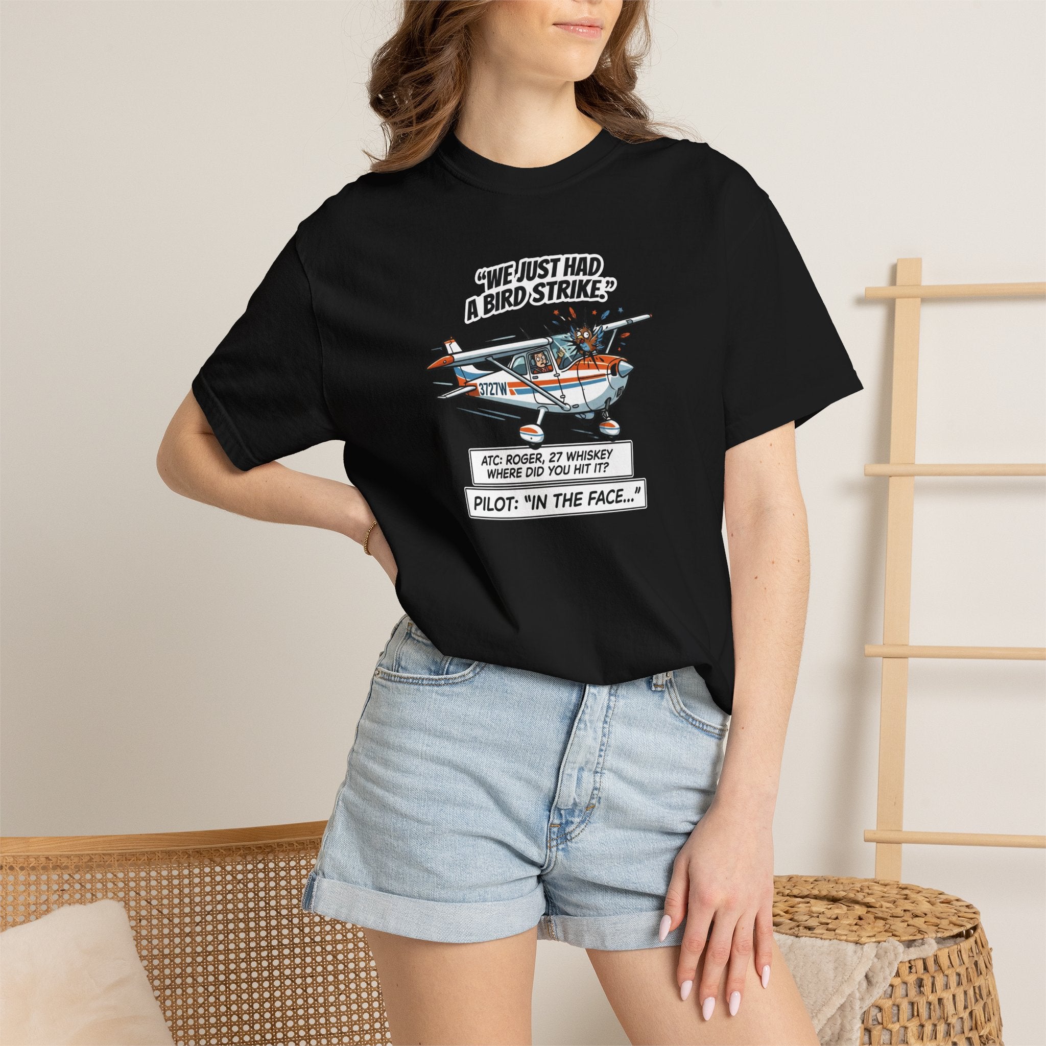 Pilot Bird Strike Comic T-Shirt — Funny Aviation Joke Tee