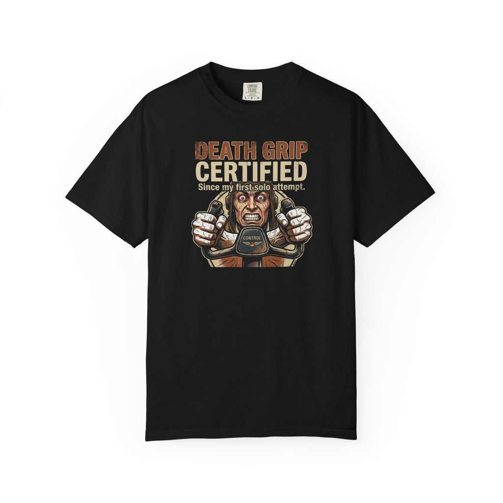 Black t-shirt with a pilot graphic design and text on a white background