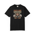 Black t-shirt with a pilot graphic design and text on a white background