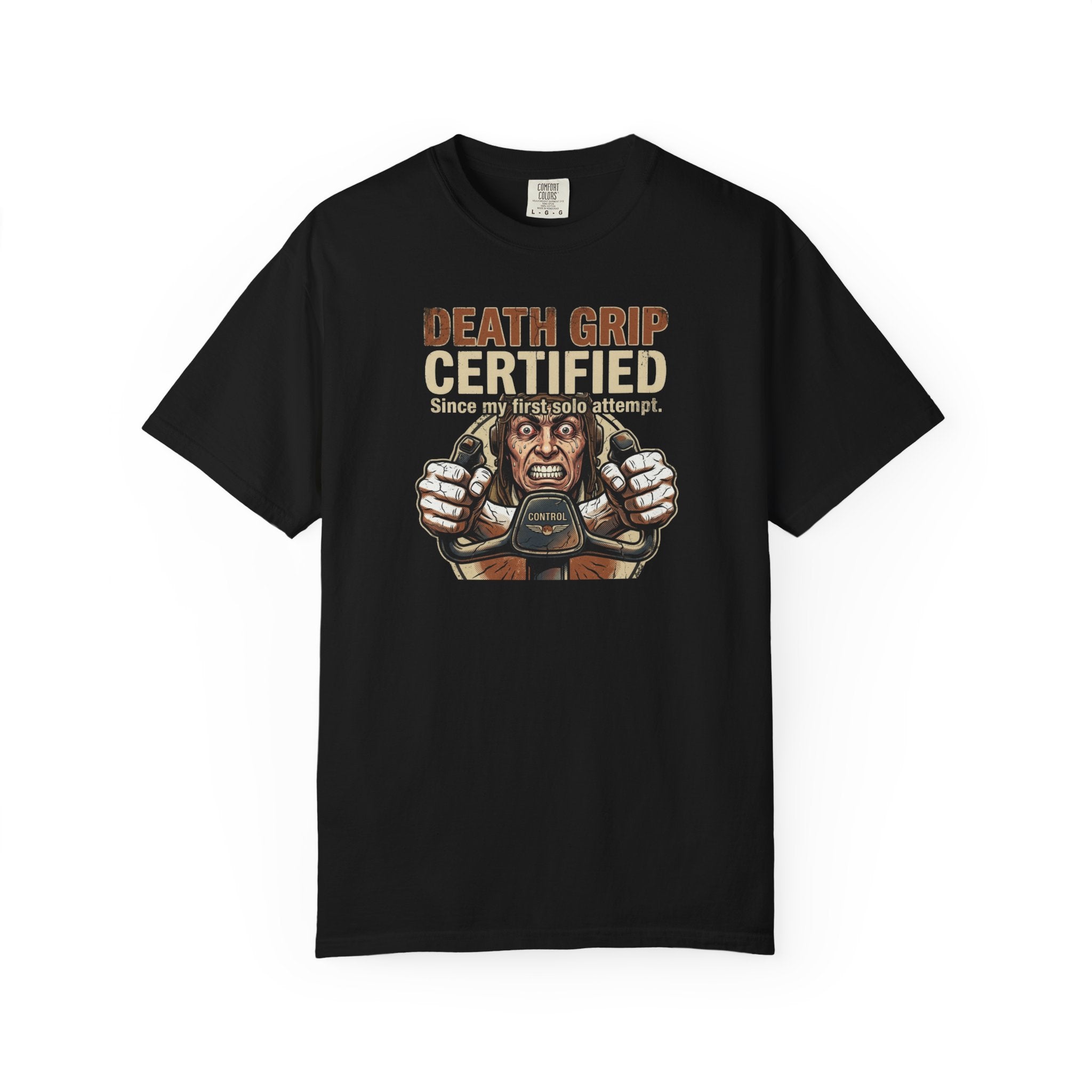 Black t-shirt with a pilot graphic design and text on a white background