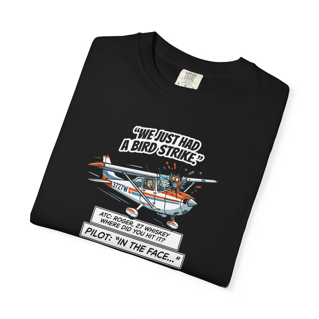 Pilot Bird Strike Comic T-Shirt — Funny Aviation Joke Tee