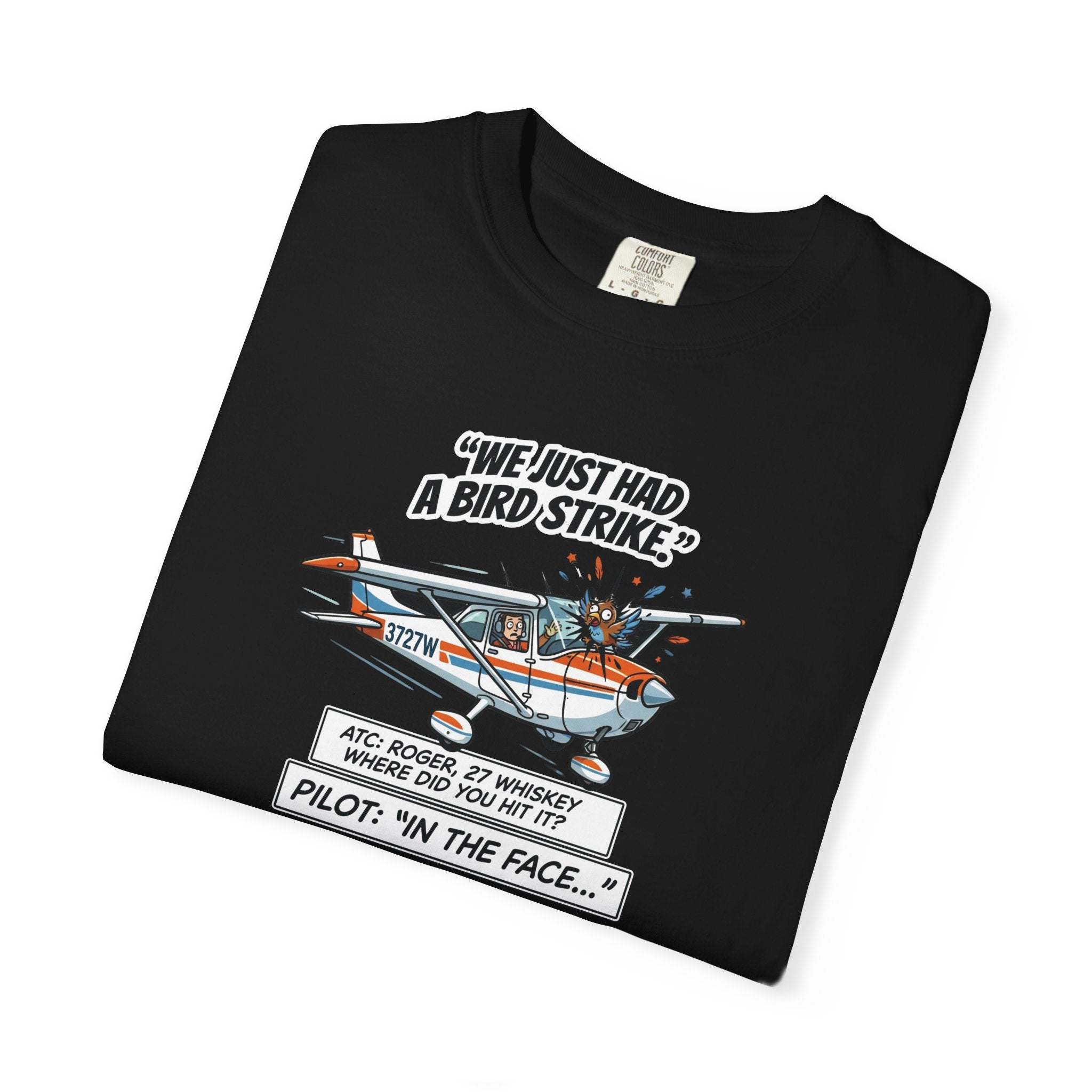 Pilot Bird Strike Comic T-Shirt — Funny Aviation Joke Tee