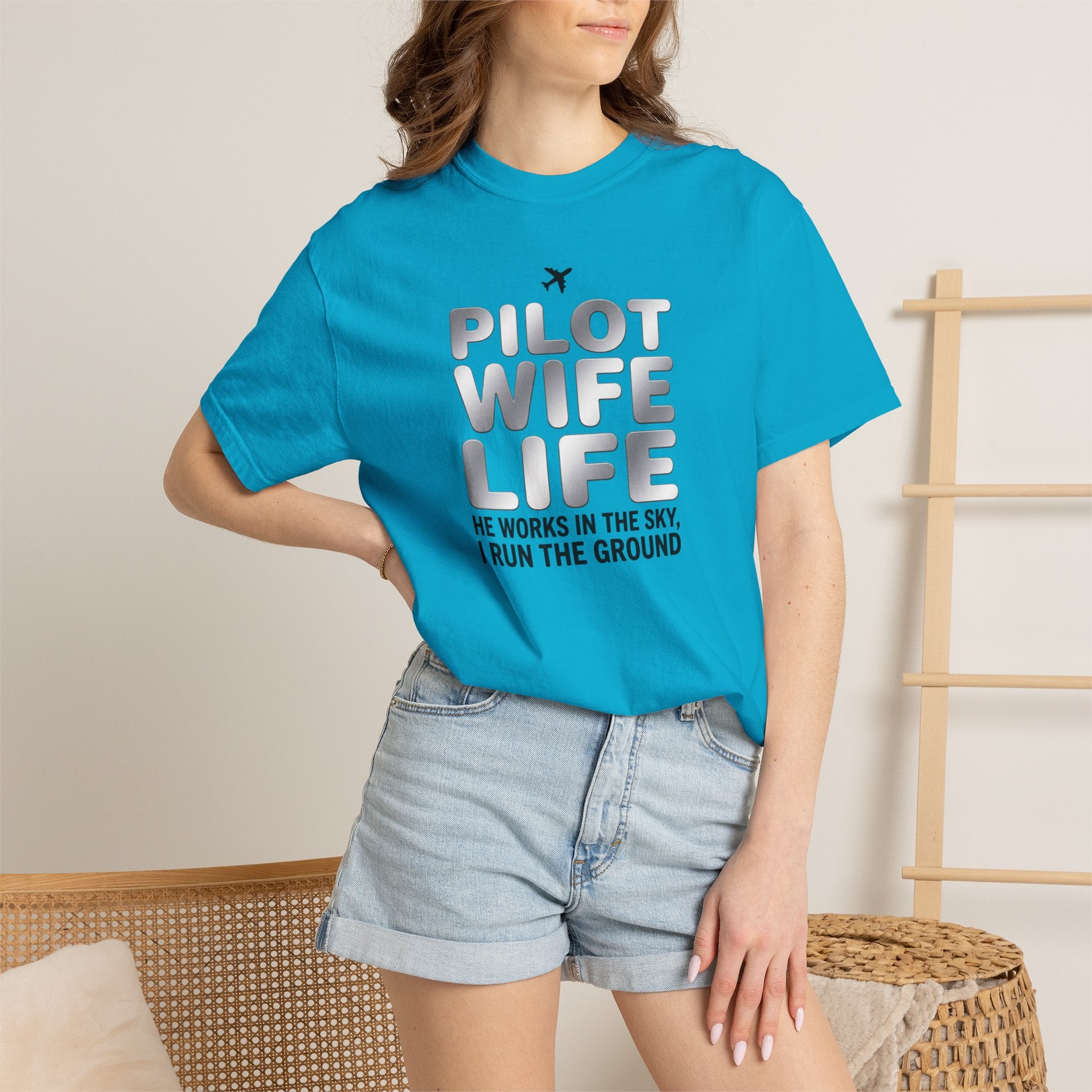 Pilot Wife Life T-Shirt — "He Works in the Sky, I Run the Ground"