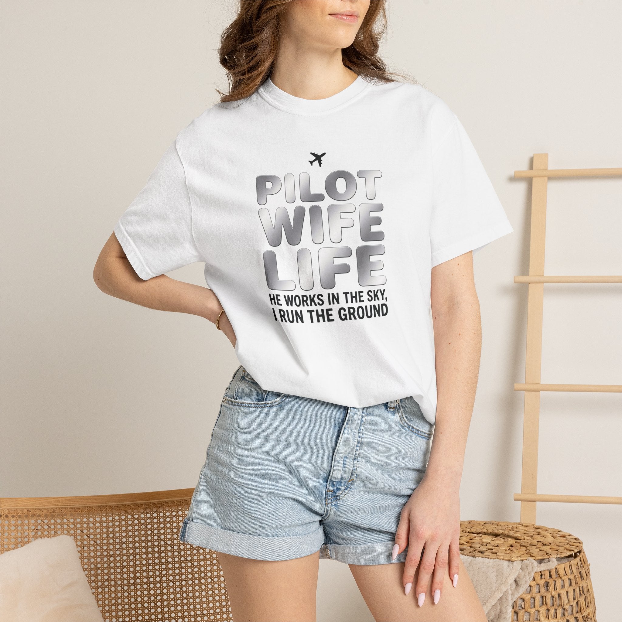 Pilot Wife Life T-Shirt — "He Works in the Sky, I Run the Ground"