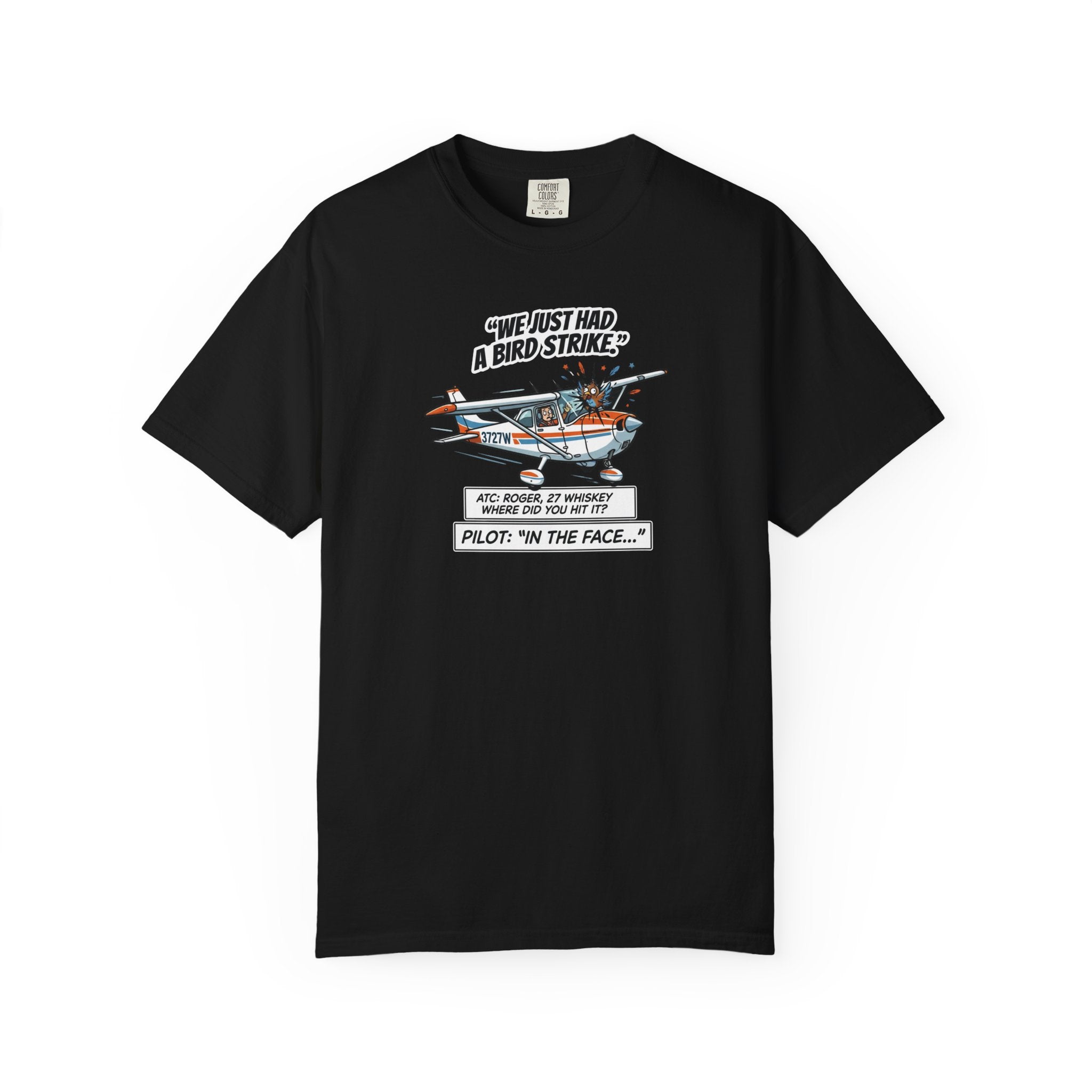 Pilot Bird Strike Comic T-Shirt — Funny Aviation Joke Tee