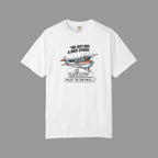 White t-shirt with airplane graphic and humorous text on a white background