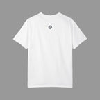back of white t-shirt with a small black logo on the back against a gray background