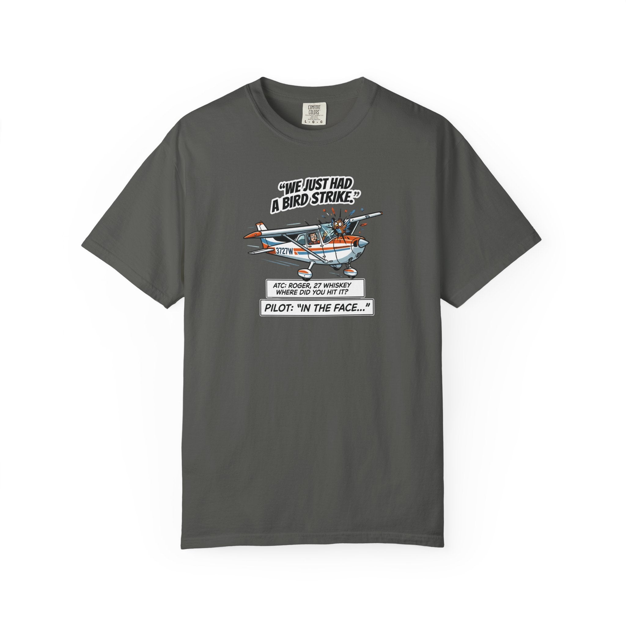 Pilot Bird Strike Comic T-Shirt — Funny Aviation Joke Tee