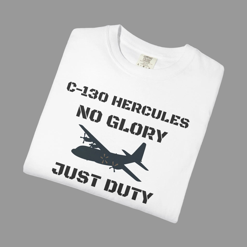 White t-shirt with black text and airplane graphic on a shaded background
