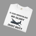 White t-shirt with black text and airplane graphic on a shaded background