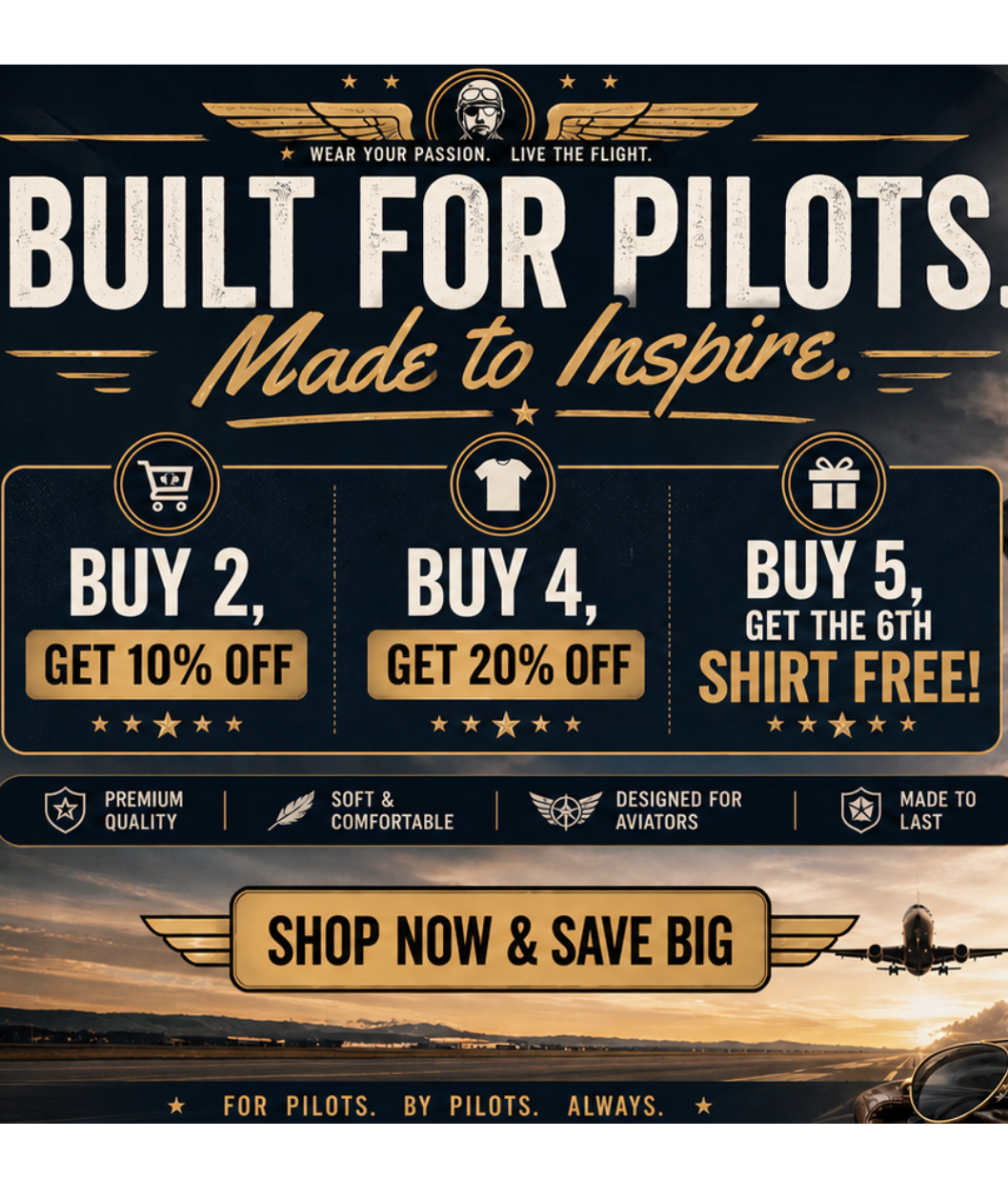Promotional graphic for a t-shirt brand with text and images of t-shirts on a scenic background.